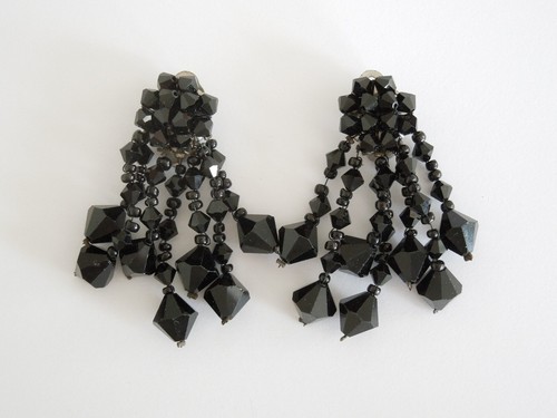 Orecchini clip vintage vetro nero gioiello funebre 27,4 g/altezza 5,8 cm - Foto 1 di 2