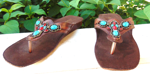 Sandalia Markon KATRINA - Cuero TURQUESA Cuentas Marrón Tanga Chanclas Zapato ~ 6.5 - Imagen 2 de 8