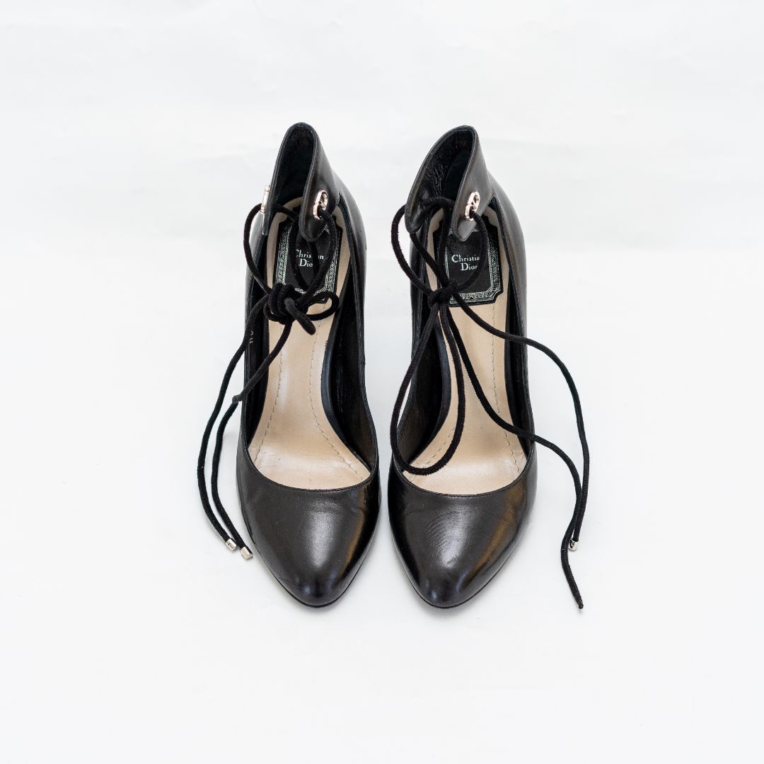 Dior Black Leather Block Heel Ankle Tie Pumps 37 | eBay