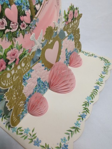 Vintage LG ausklappbare Stanzform mit rosa Rosen weiße Tauben VALENTINSKARTE 9" x 6,5" - Bild 3 von 13