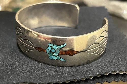K.Lewis Hand Made Bracelet - Chip Inlay Coral and Turquoise Peyote Bird Navajo - 第 3/8 張圖片