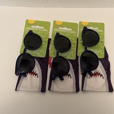 NEW Lot of 3 - Kids Blue Round Sunglasses - Each With A Shark Carrying Pouch