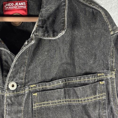 Vintage Y2K JNCO Black Denim Jean Jacket MENS LARGE Urbanomics Crown Logo Fade - Picture 8 of 24
