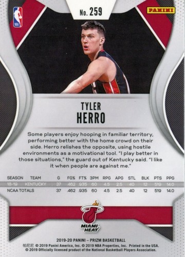 2019-20 Panini Prizm Tyler Herro Hero Rookie Card Base #259 Miami Heat RC - Picture 2 of 2