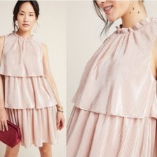 Anthropologie Estelle Dress Blush Pink Tiered Pleat Metallic NWT S NYE Glam Boho