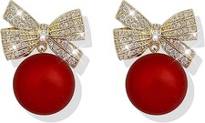 Christmas Earrings for Women Rhinestone Pearl Bow Earrings Holiday Jewelry Gifts