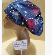 Starburst Patriotic 4th of JulyWomen's Euro/Chef Surgical Scrub Hat/Cap Handmade