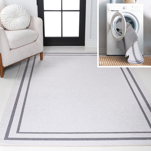 WSH125B-4 Sloane Classic 2-Stripe Border Washable White/Gray 4 ft. x 6 ft. Ar...
