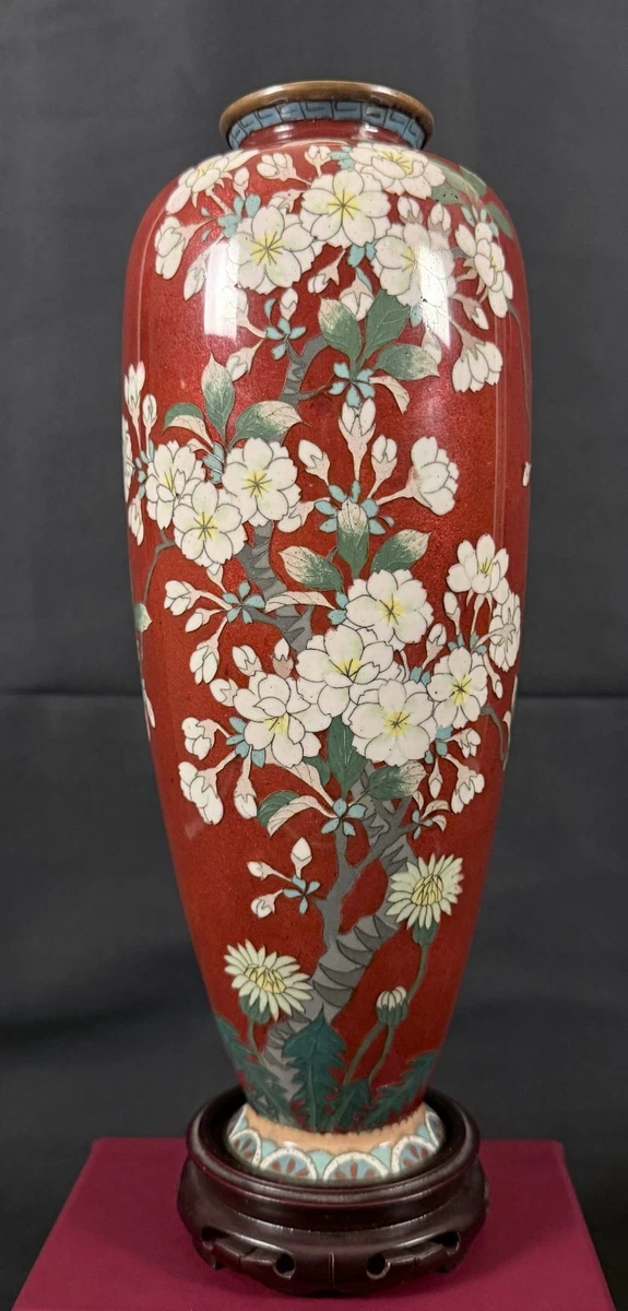 红色景泰蓝日本古董花瓶| eBay