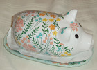 New in Packaging Butter Dish Farmhouse Pig with Pastel Flowers Aqua Base CUTE