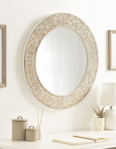Kate and Laurel Engrahm Rustic Engraved Wooden Round Mirror, 26 Inch Diameter. - Picture 7 of 8