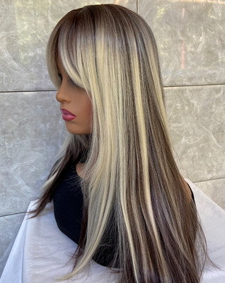 Long Straight Brown Blonde Highlight Synthetic Hair Wigs Women Soft Natural