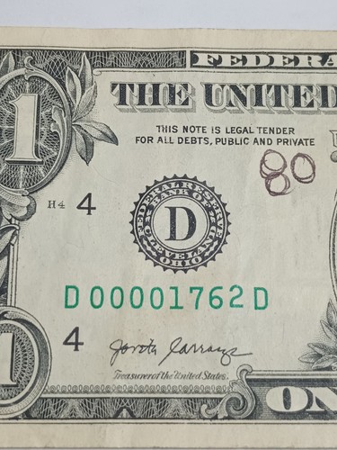 2017 $1 D CLEVELAND BEP D-D BLOCK LOW SERIAL NUMBER 4 ZEROS (D00001762D) - Picture 2 of 5