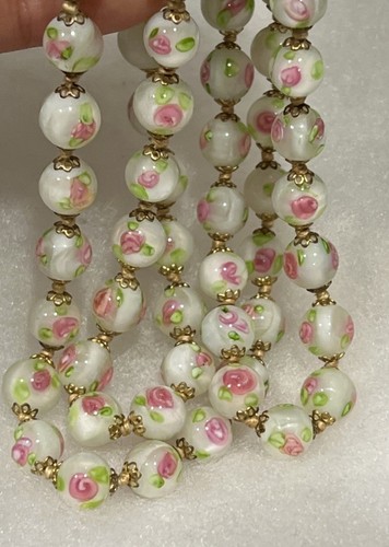 Vintage ITALIAN MURANO Venetian  "PINK ROSES"  Art Glass Bead Necklace-31” Long - Picture 8 of 13