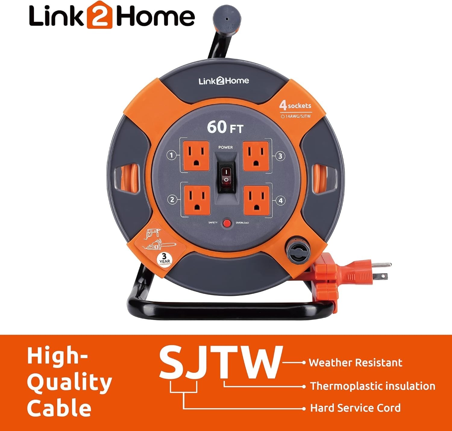 High Visibility 60ft Extension Cord Reel - 4 Power Outlets