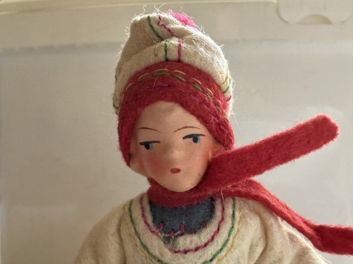 Antique German Girl Doll Bisque Body Felt Dress Red Silk Scarf 4 1/2 inch tall - Picture 2 of 13