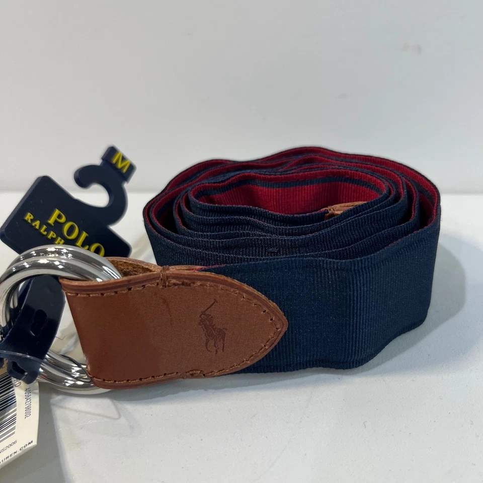 NUEVO Polo Ralph Lauren Para Hombres Rayas D Anillo Web Cinturón M Rojo Azul Marino Reversible Foto 2 de 4