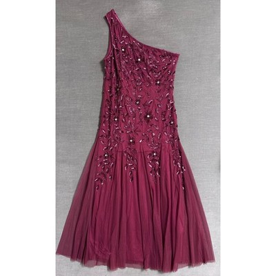 Adrianna Papell Gown 18 Burgundy One Shoulder Sequin Floral Tulle Formal  Wedding | eBay
