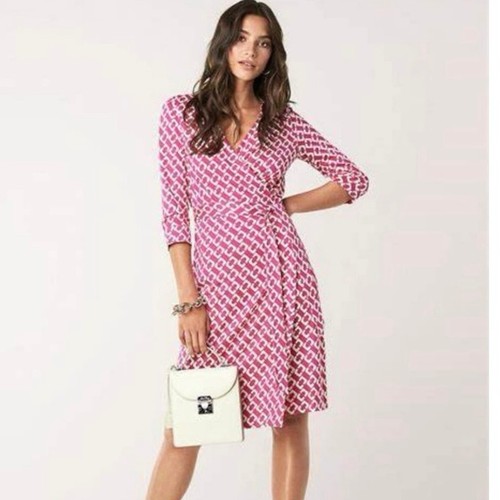 Diane von Furstenberg wrap dress size 12 NEW pink white midi silk patterned - Afbeelding 3 van 12