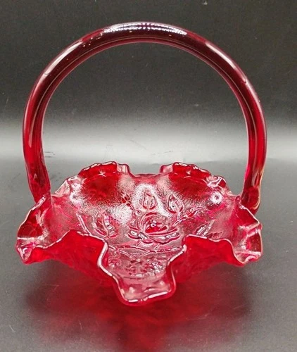 Vintage 1997 Fenton Art Glass Ruby Red Rose Pattern 5.5" Basket
