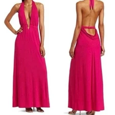 Trina Turk Women Open Back Maxi Dress Sz 4 Fuchsia Biscayne Plunge Gold Detail
