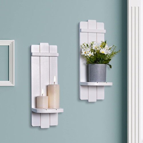 Wandleuchter Wanddeko 2er Set, Kerzenhalter Rustikal Home Landhaus Kunst Weiß - Bild 1 von 7
