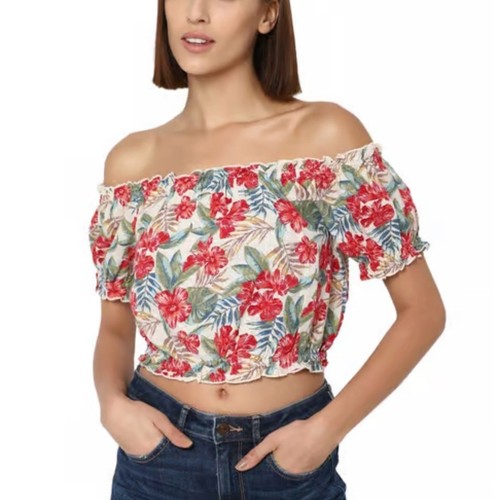 American Eagle Cotton Linen Floral Cropped Off the Shoulder Floral Top Size M - Picture 2 of 9
