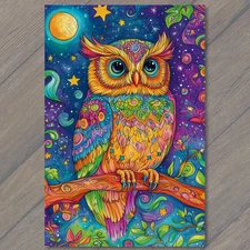 Art Print Rainbow Owl Stars Moon Trippy Forest Fantasy Night Whimsical Psychedel