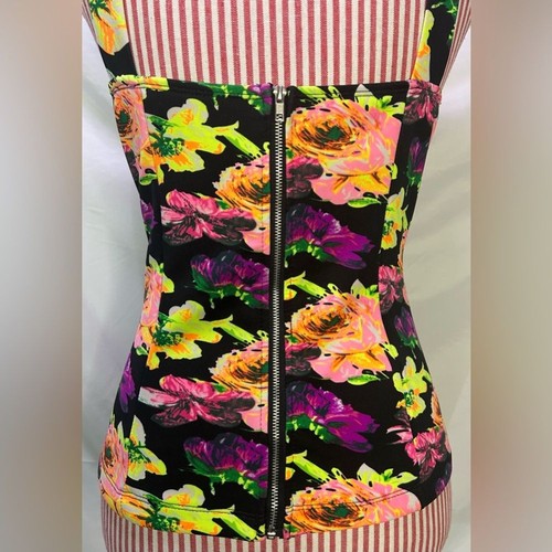 Retro Pinup Bustier Top Blumen Neon Schwarz Herzausschnitt Ärmellos von Deb Gr. Large - Bild 5 von 8