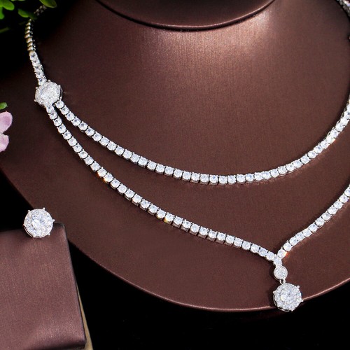 White Gold Plated Cubic Zircon Round Drop Costume Necklace Earrings Jewelry Set - Foto 6 di 8