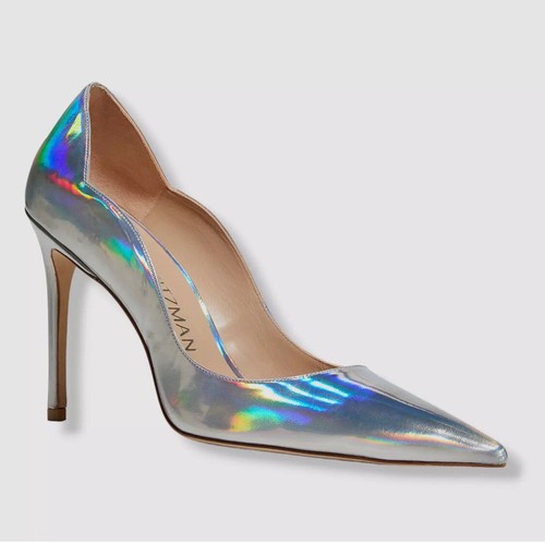 Stuart Weitzman Stuart 100 Silver Iridescent Scallop Point-Toe Pumps EU39.5/US9M - Picture 2 of 13
