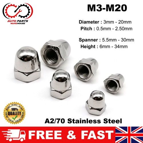 M3-M20 A2 Stainless Steel Dome Nuts Hex Domed Cap Nut Metric Corrosion Resistant - Picture 1 of 17