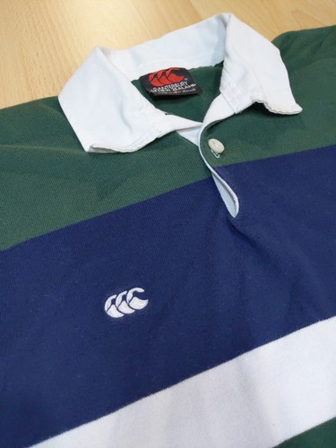 VTG Canterbury of New Zealand Rugby Polo Shirt Mens S Small Striped Green Blue - Picture 2 of 10