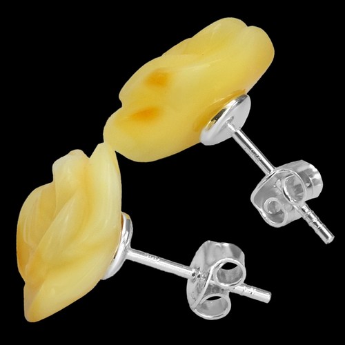 925 Solid Sterling Silver Butterscotch Baltic Amber Designer Rose Stud Earrings - Picture 6 of 12