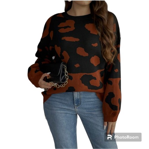 Cozy Knit Sweater Top Black Brown Leopard Animal Print Crew Neck Long Sleeve 0XL - Bild 7 von 7