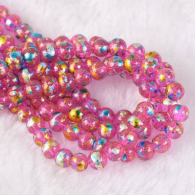 50pcs 6mm Round Crystal Glass Metallic Luster Patterns Loose Beads Deep Pink