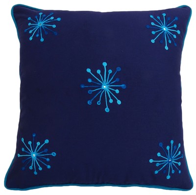 Decorative Cotton Floral Embroidered Pillow Cover Navy Blue Square