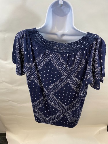 Camisa Style & Company Mujer Azul Crochet Cuello Estampado Bandana Blitz Nueva con Etiquetas - Imagen 11 de 16