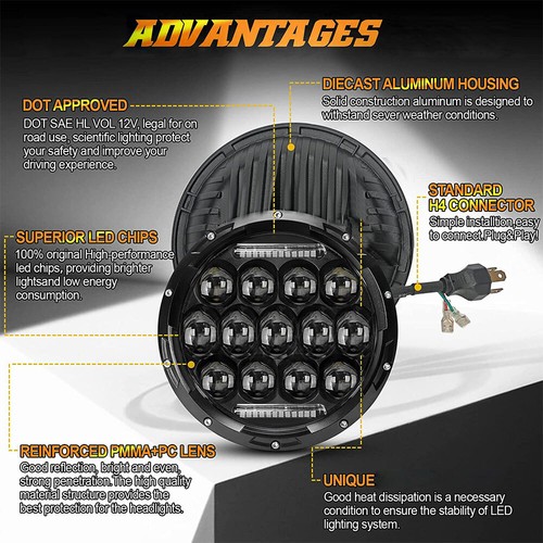 Pair 7" Round LED Headlights Hi/Lo Beam DRL For Porsche 911 912 914 924 928 944 - Picture 7 of 9