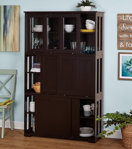 Sideboard Buffet Cabinet Dining Kitchen Storage Sliding Glass Doors Dark Brown - Picture 24 of 24