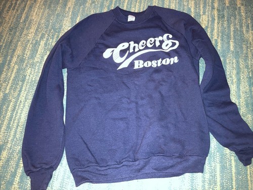 CHEERS BOSTON blue Jerzees Sweatshirt Large See Measurements Vintage RAGLAN - Picture 1 of 6