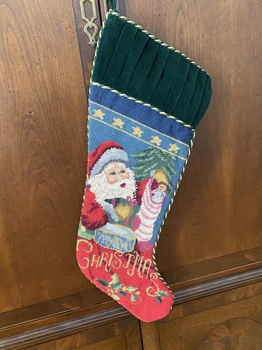 Needlepoint Merry Christmas Santa Claus Christmas Stocking Green Velvet Back - Picture 1 of 11