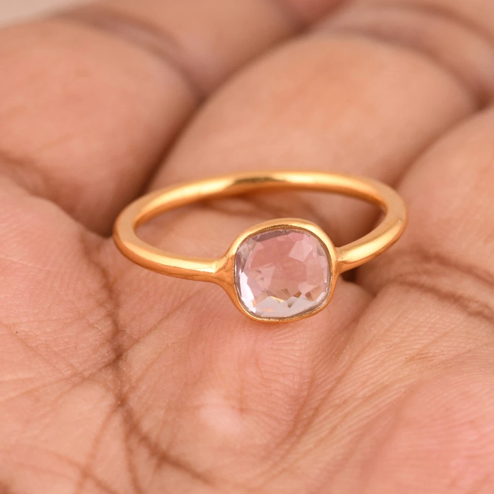 Anillo de compromiso de oro puro de 14k con piedra de nacimiento de amatista rosa regalo para ella Foto 3 de 4
