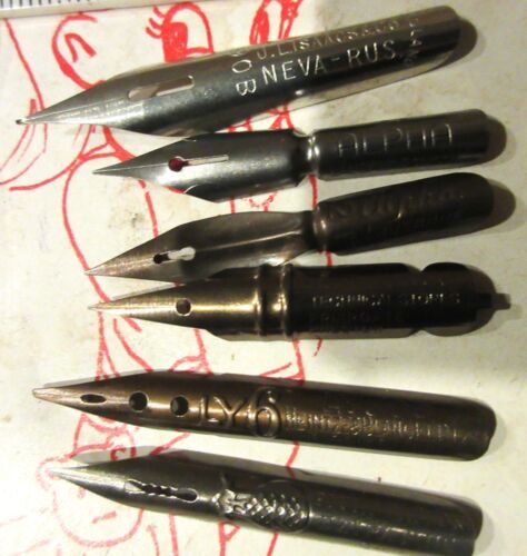 VINTAGE RARE UNUSUAL ASSORTMENT 6 x DIP PEN NIBS-LETTER+DRAW+SEE LISTING DETAILS - Picture 2 of 2