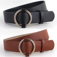 Lady Women Gold Round Buckle Belt Faux Leather Jeans Dress Casual Waist Band