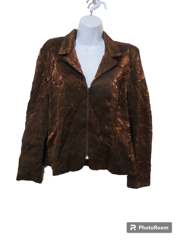 Sz 16 VINTAGE Joseph Ribkoff Crinkle Jacket Full Zip Copper Brown Top Lined L/S