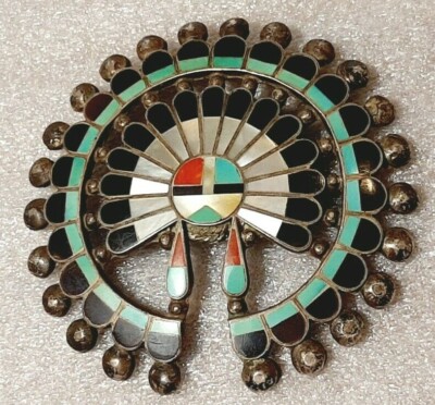 Striking Vintage Native American Zuni Turquoise Sterling Silver Sunface Pin/ Pendant Striking Vintage Native American Zuni Turquoise Sterling Silver Sunface Pin/ Pendant