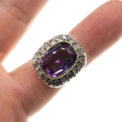 Vintage 18k Solid Yellow Gold Natural Amethyst and Rose Cut Diamond Ring Sz 8.75 - Picture 2 of 8