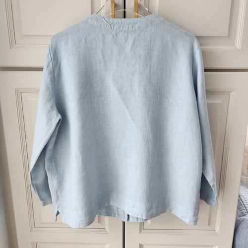 Cut Loose Boxy 100% Linen Jacket Top Large Light Blue 3/4 Sleeve Patch Pockets - Picture 9 of 11