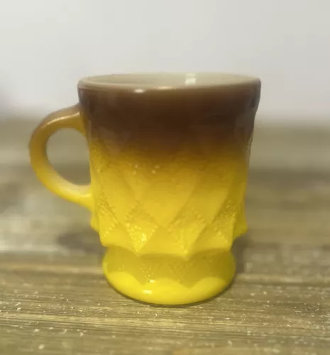 Vintage Anchor Hocking Fire King Yellow Brown Cup Mug Kimberly Diamond Pattern